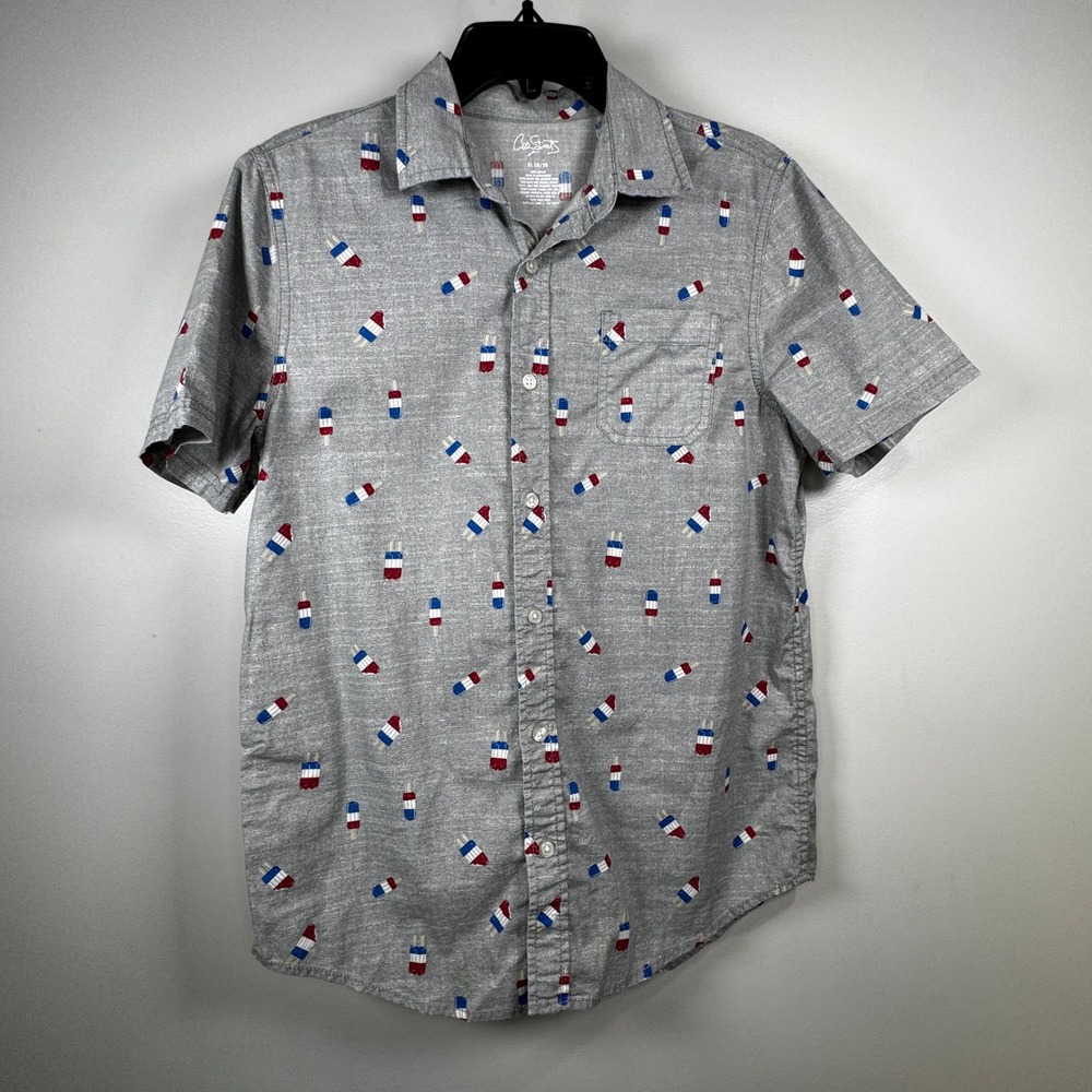 City Streets Boys XL 18/20 Gray Popsicle Print Button Down Shirt Short Sleeve